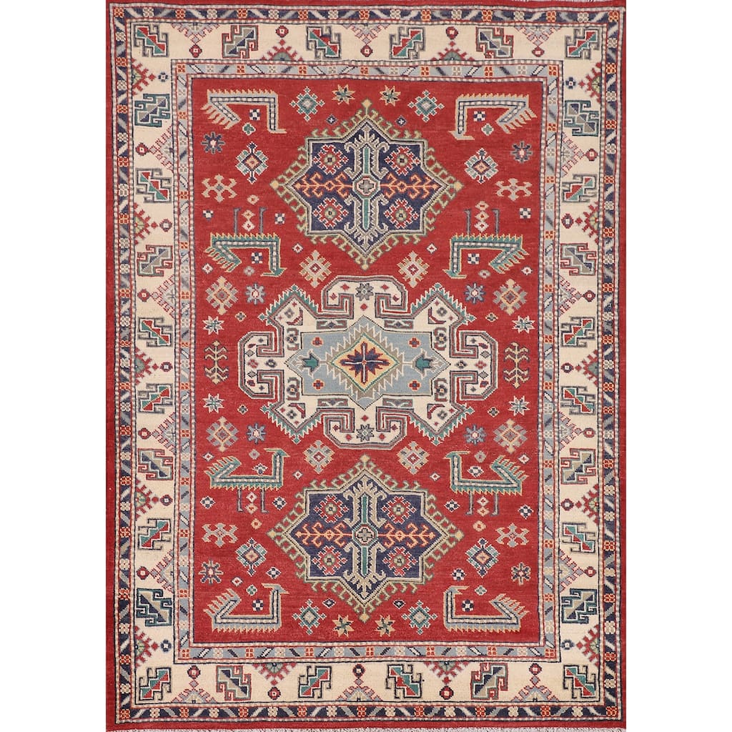 Kazak Oriental Area Rug Hand-Knotted Red Wool Carpet - 4'1" x 5'11"