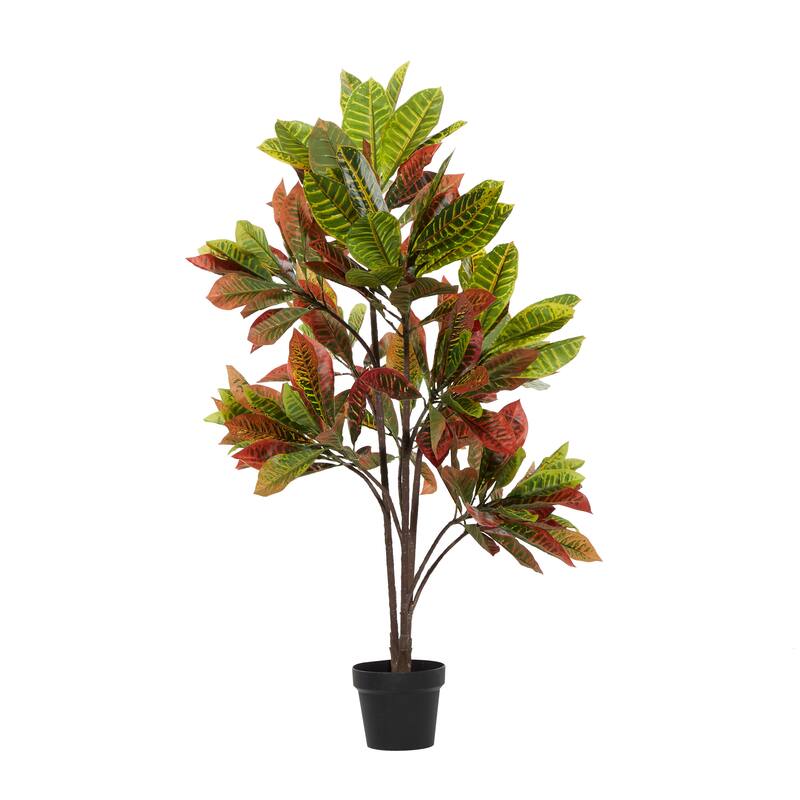 Green Faux Foliage Croton Artificial Plant with Realistic Leaves and Black Plastic Pot