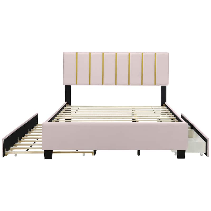 HomeRoots Pink Tufted Velvet Upholstered Queen Bed Frame With Trundle And Drawers