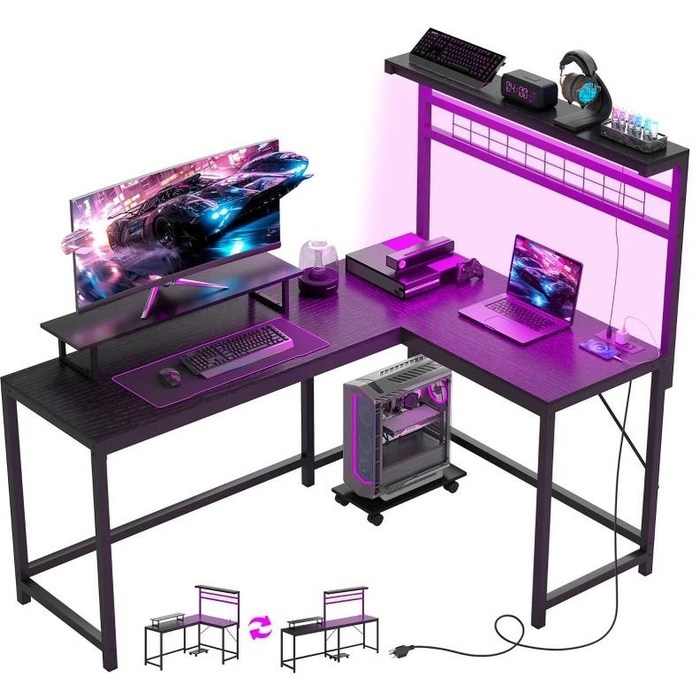 LED Gaming Desk with Built-In USB, L-Shaped Office Desk with Power Outlets, Writing Desk with Adjustable Monitor Stand