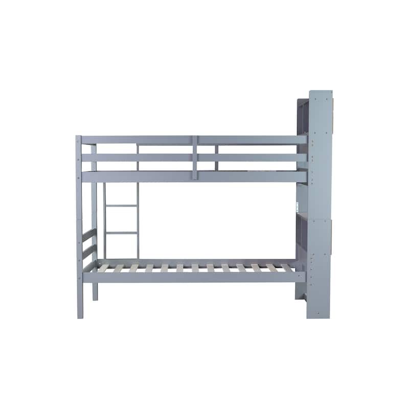 Convertible Twin Over Twin Bunk Bed with Shelves, Safety Rails & Ladder - Grey Rubber Wood