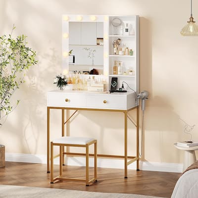 Modern White Makeup Vanity Table with LED Mirror, Stool, Storage Drawers