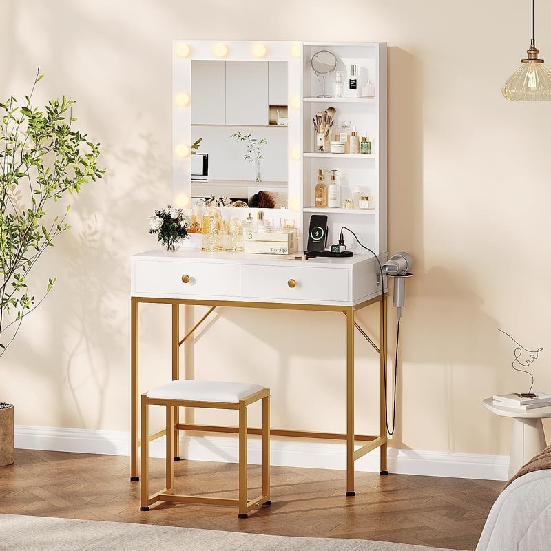 Modern White Makeup Vanity Table with LED Mirror, Stool, Storage Drawers