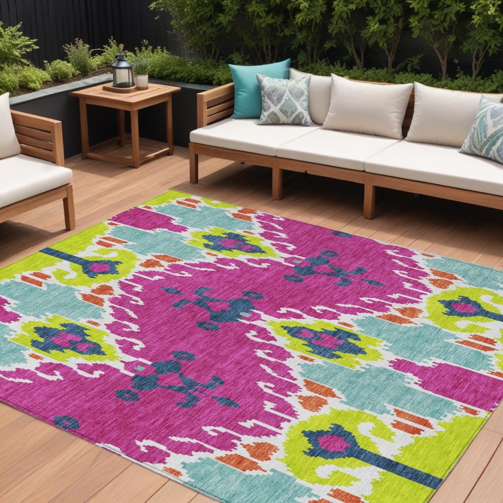 9' X 12' Pink Lime Green And Orange Ikat Washable Indoor Outdoor Area Rug - 9'3" x 12'3"