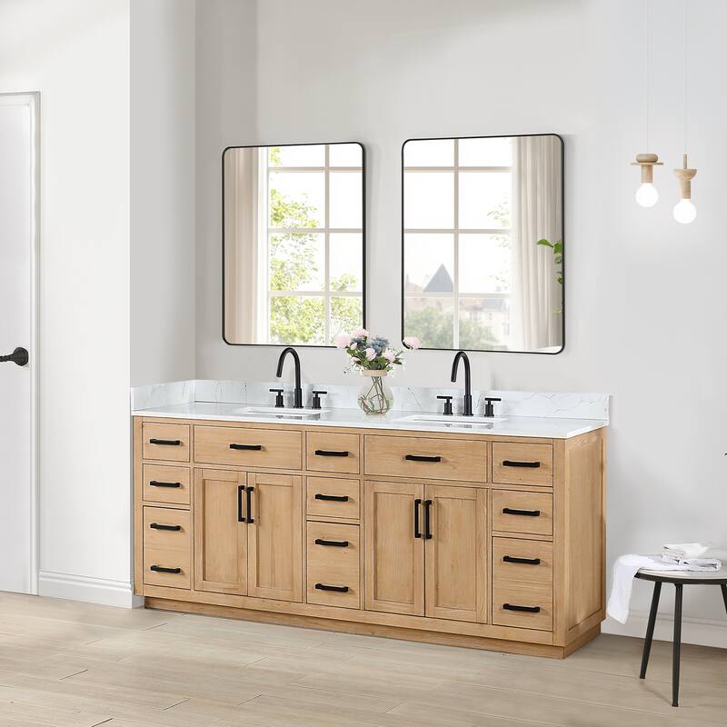 Altair Gavino Bath Vanity with Grain White Composite Stone Top and Mirror - 84 inch - Light Brown+Matte Black