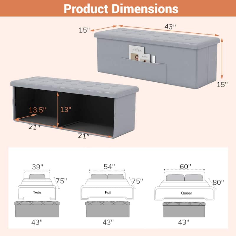 Costway 43 Inches Folding Storage Ottoman Bench with Side Pocket