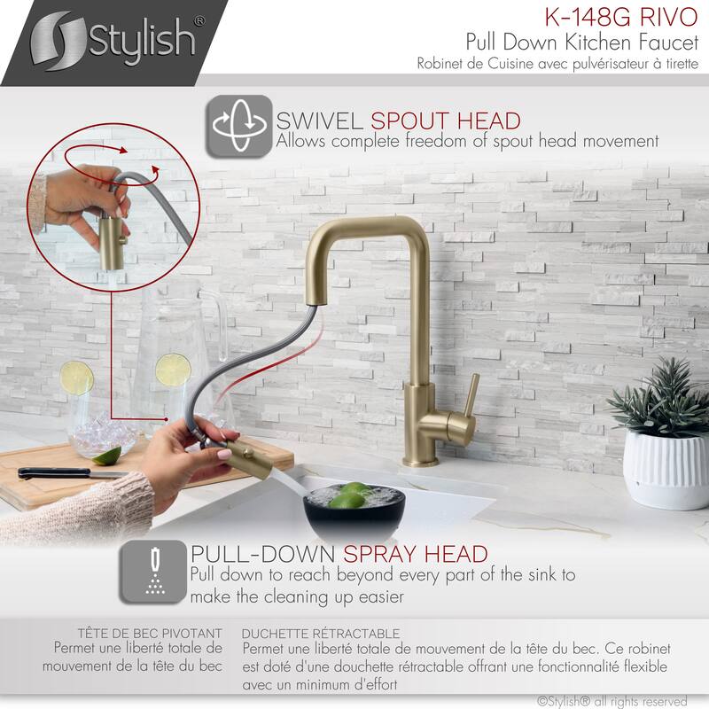 STYLISH Kitchen Sink Faucet Single Handle Pull Down Dual Mode in Stainless Steel - Faucet Height: 14 3/8" | Spout Height: 7 7/8"