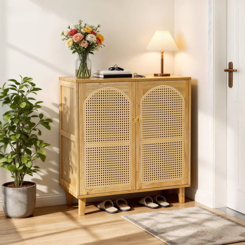 Rattan Buffet Cabinet with Storage Table Accent Sideboard with Doors - 29.5x15.3x32.2 inch