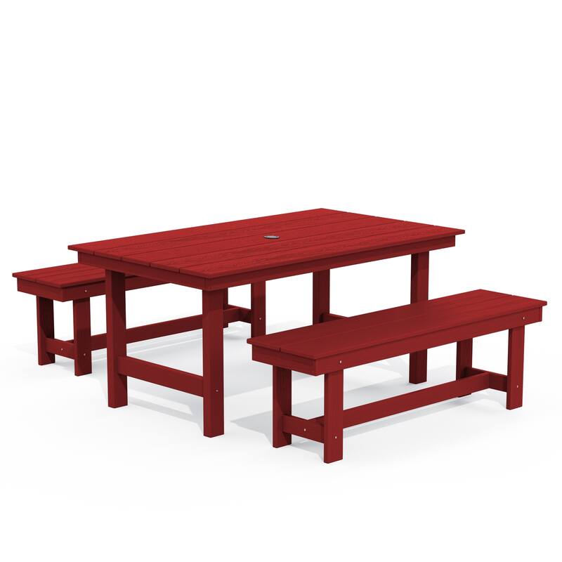 3-Piece HDPE Outdoor Dining Set with Umbrella Hole Table and Two 2-Person Benches - Red