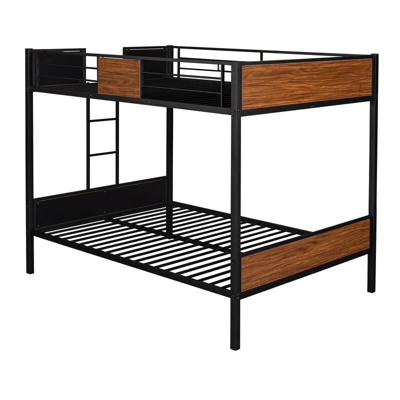 Modern Steel Frame Full-Over-Full Bunk Bed with Safety Rail and Built-in Ladder