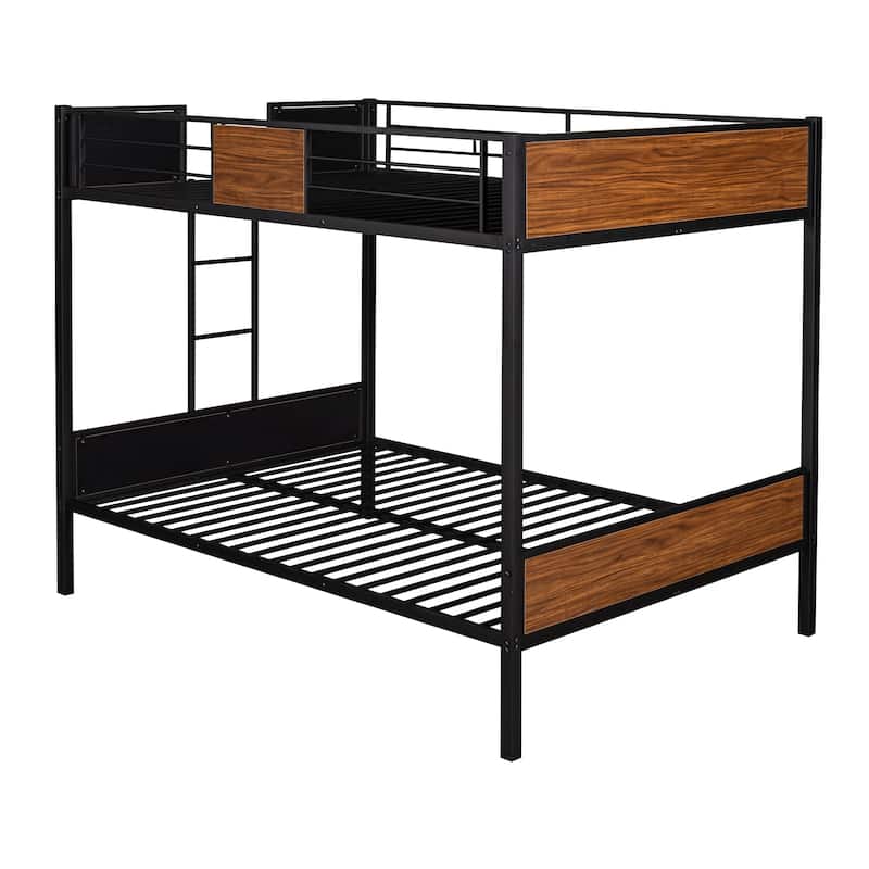 Twin/Full Size Bunk Bed with Steel Frame, Safety Rail, and Built-In Ladder, Space-Saving Design for Kids and Adults