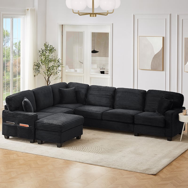 Sectional Sofa U-shaped Sectional 125.2" Upholstered L-shaped Sofa with a Movable Ottoman and Side Storage Pockets