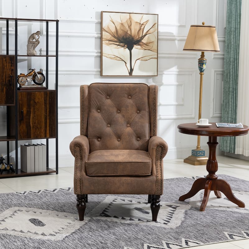 Mid-Century Velvet/Leather Upholstered Tufted Wood Frame Armchair - Coffee+Microsuede