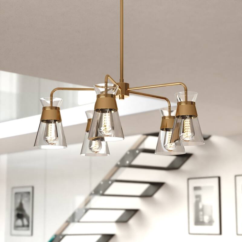 Harper 5-Light 27 in. Wide Natural Brass Gold Mid-Century Modern Chandelier with Clear Glass Cone Shade, Ceiling Fixture - Natural Brass - 27-in W x 20-in H x 27-in D
