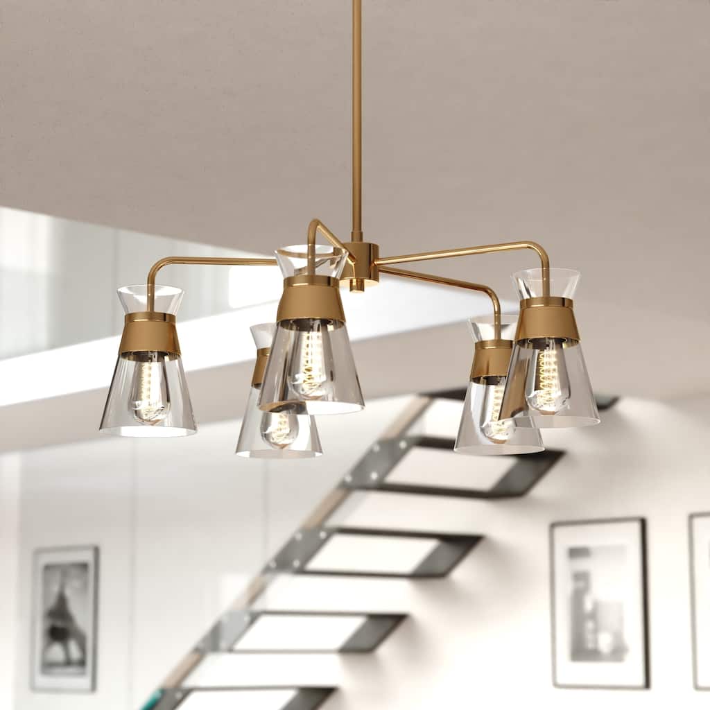 Harper 5-Light 27 in. Wide Natural Brass Gold Mid-Century Modern Chandelier with Clear Glass Cone Shade, Ceiling Fixture