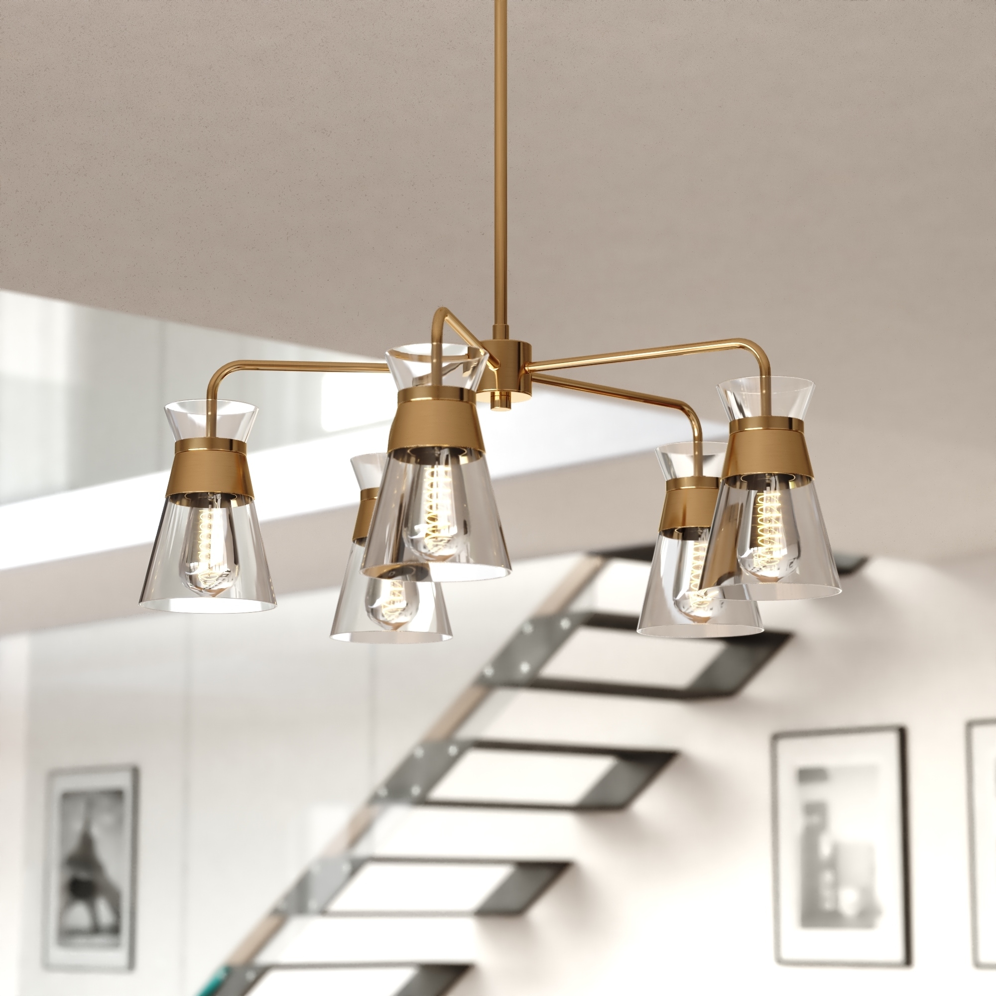 VAXCEL Harper 5-Light 27 in. Wide Natural Brass Gold Mid-Century Modern Chandelier with Clear Glass Cone Shade, Ceiling Fixture