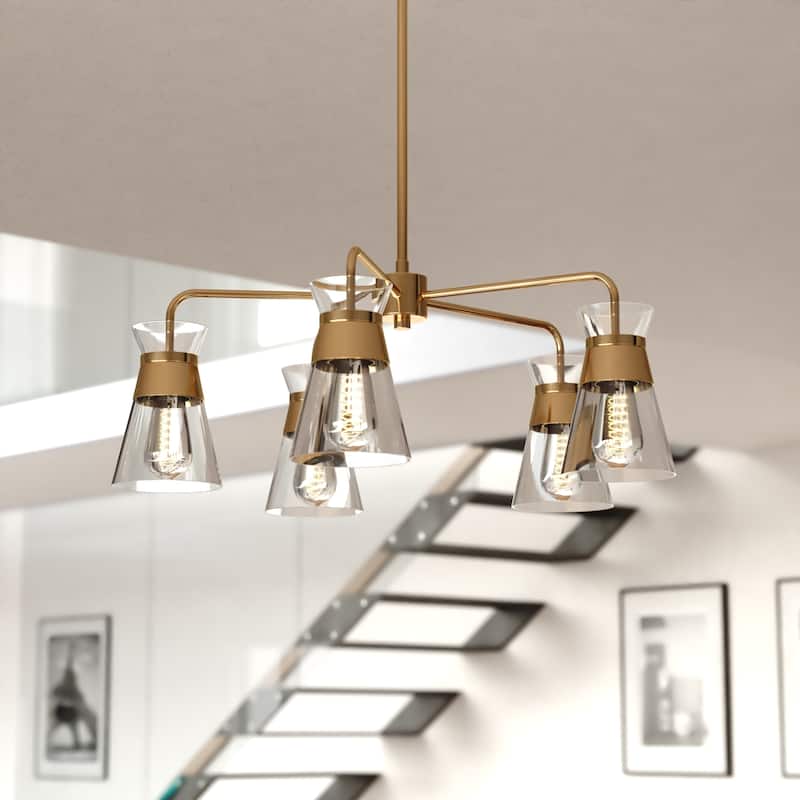 Harper 5 Light Gold Brass Mid-Century Modern Chandelier Clear Glass - 27-in W x 20-in H x 27-in D - Natural Brass - 27-in W x 20-in H x 27-in D