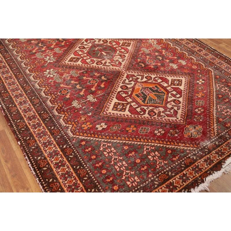 Tribal Red Bakhtiari Persian Vintage Area Rug Handmade Wool Carpet - 6'7"x 10'2"