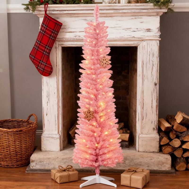 Pre-Lit Pencil Artificial Tree - Colorful Surface Branches, LED Lights - Pink