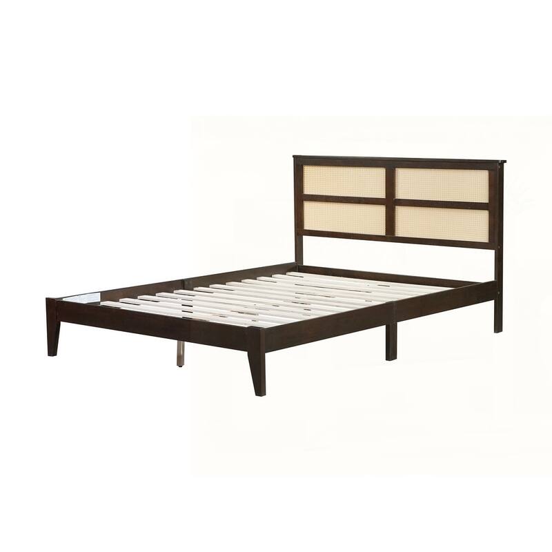 Solid Wooden Bed with Rattan Headboard
