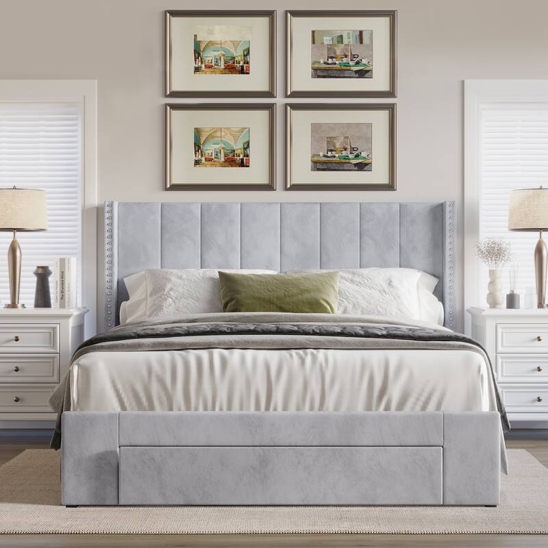 CraftPorch Velvet Wingback Tufted Upholstered Platform Storage Bed