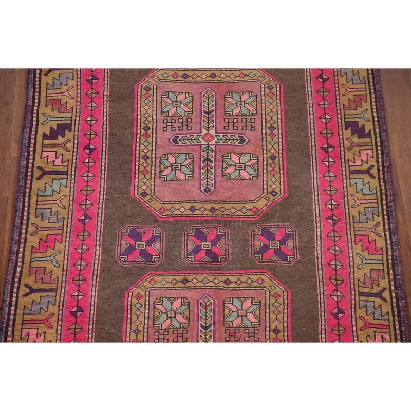 Ardebil Persian Vintage Runner Rug Handmade Geometric Wool Carpet - 3'8" x 10'6"