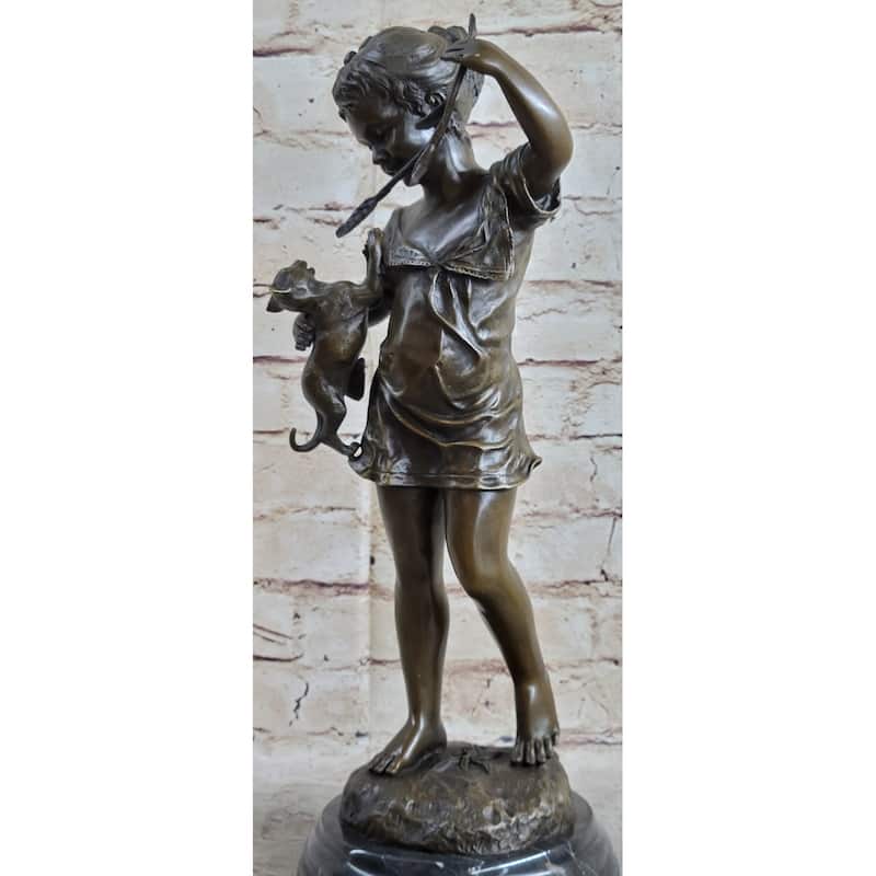 Young Girl Child Holding Kitten Imitative Cat - Bronze Sculpture Vintage Reproduction Art