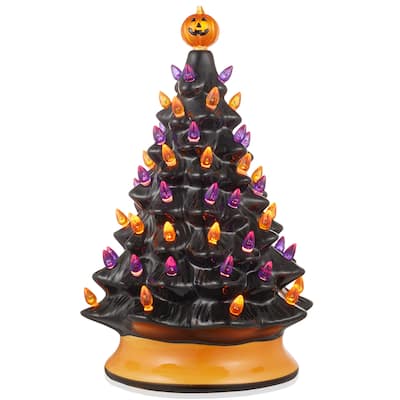 15in Hand Painted Ceramic PreLit Halloween Tree w Pumpkin and Star