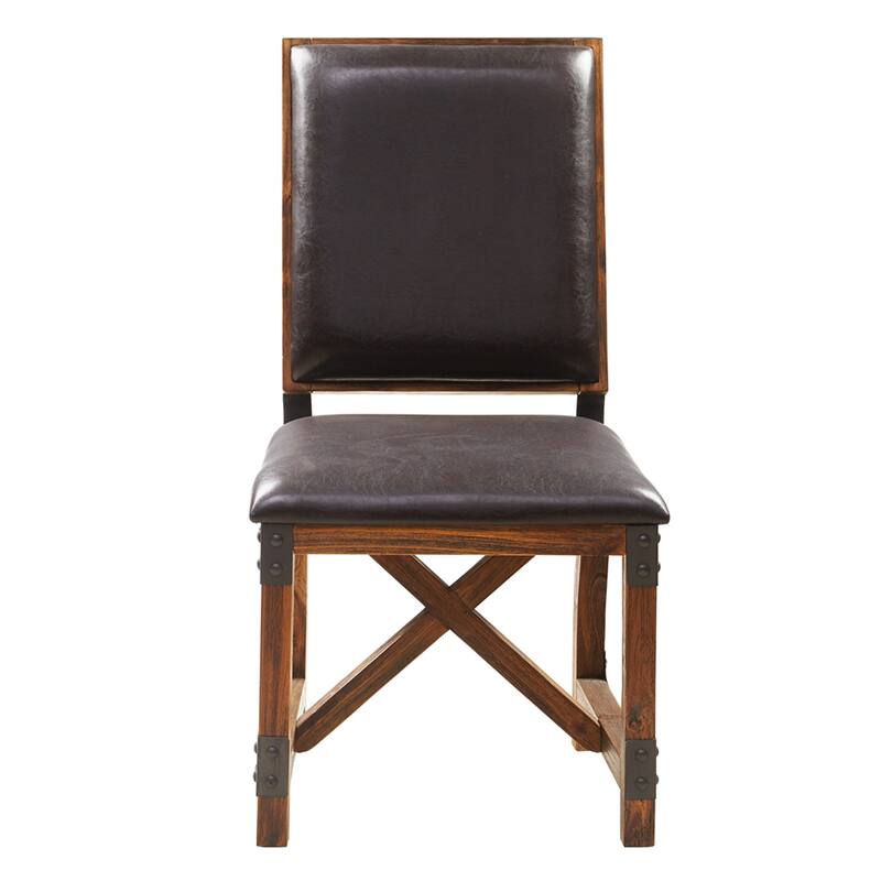 Roomfitters Industrial Dining Chair, Faux Leather Upholstered High-Back with Cross-Beamed Solid Wood Frame, Chocolate