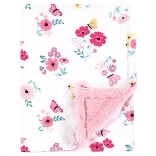 Hudson Baby Girls Plush Blanket with Furry Binding and Back, Butterfly Floral, One Size - Butterfly Floral - One Size