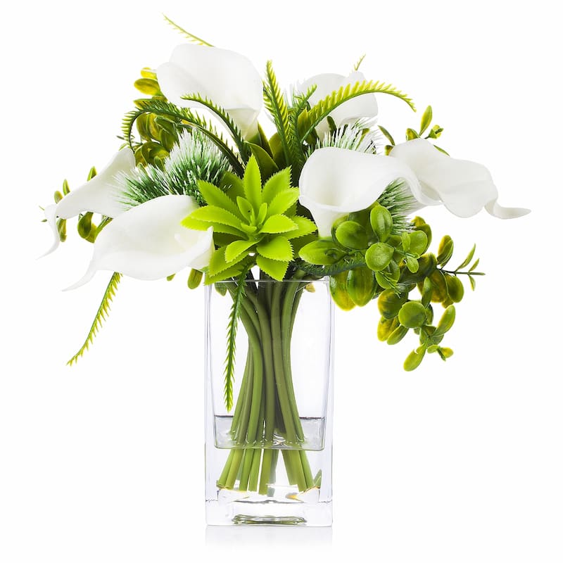 Enova Home Mixed Artificial Cream Real Touch Lily Fake Silk Flowers Arrangement in Clear Glass Vase for Home Office Decoration