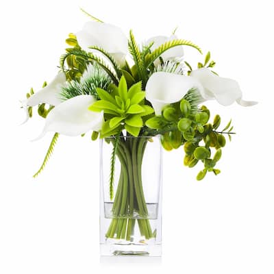 Enova Home Mixed Artificial Cream Real Touch Lily Fake Silk Flowers Arrangement in Clear Glass Vase for Home Office Decoration