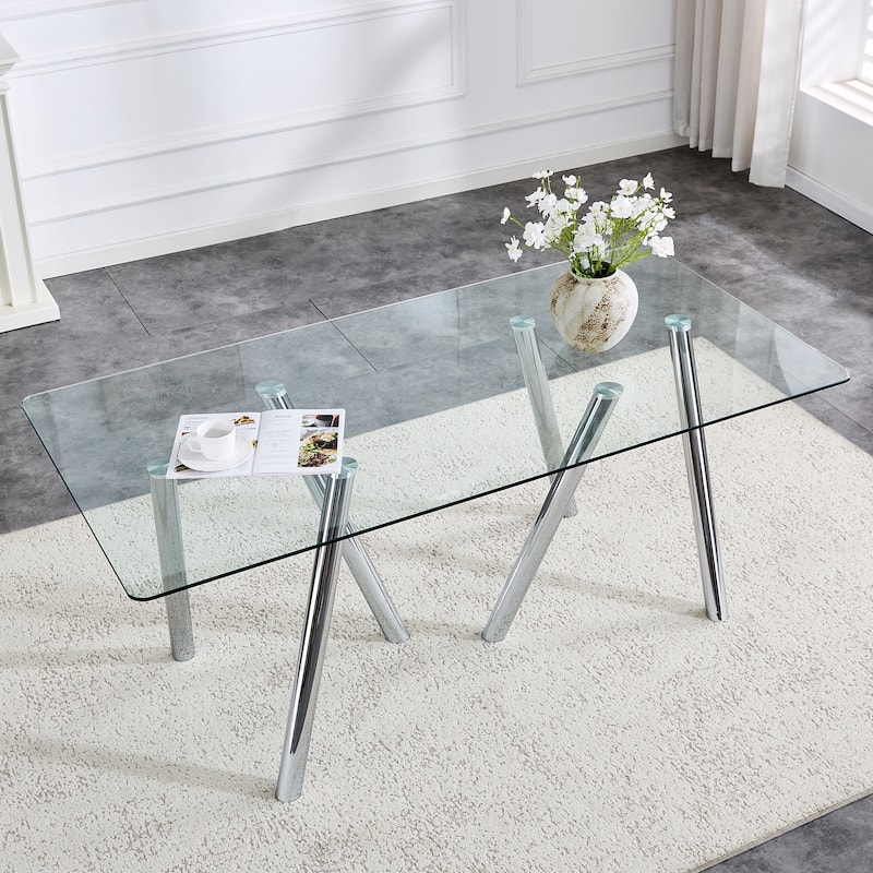 71-Inch Tempered Glass Dining Table with Sturdy Metal Legs