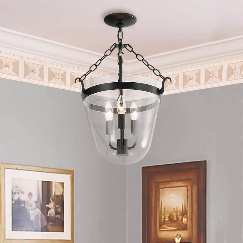 Heritage Glass Bell Jar Cage Pendant Semi Flush Ceiling Light - Black