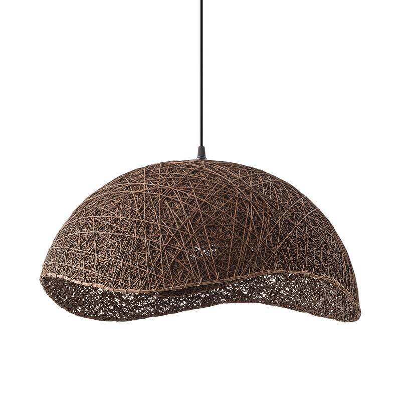 1-Light Boho Brown Rattan Hand-Woven Cloche Hanging Basket Pendant Light - 20.47" W x 12.59" H
