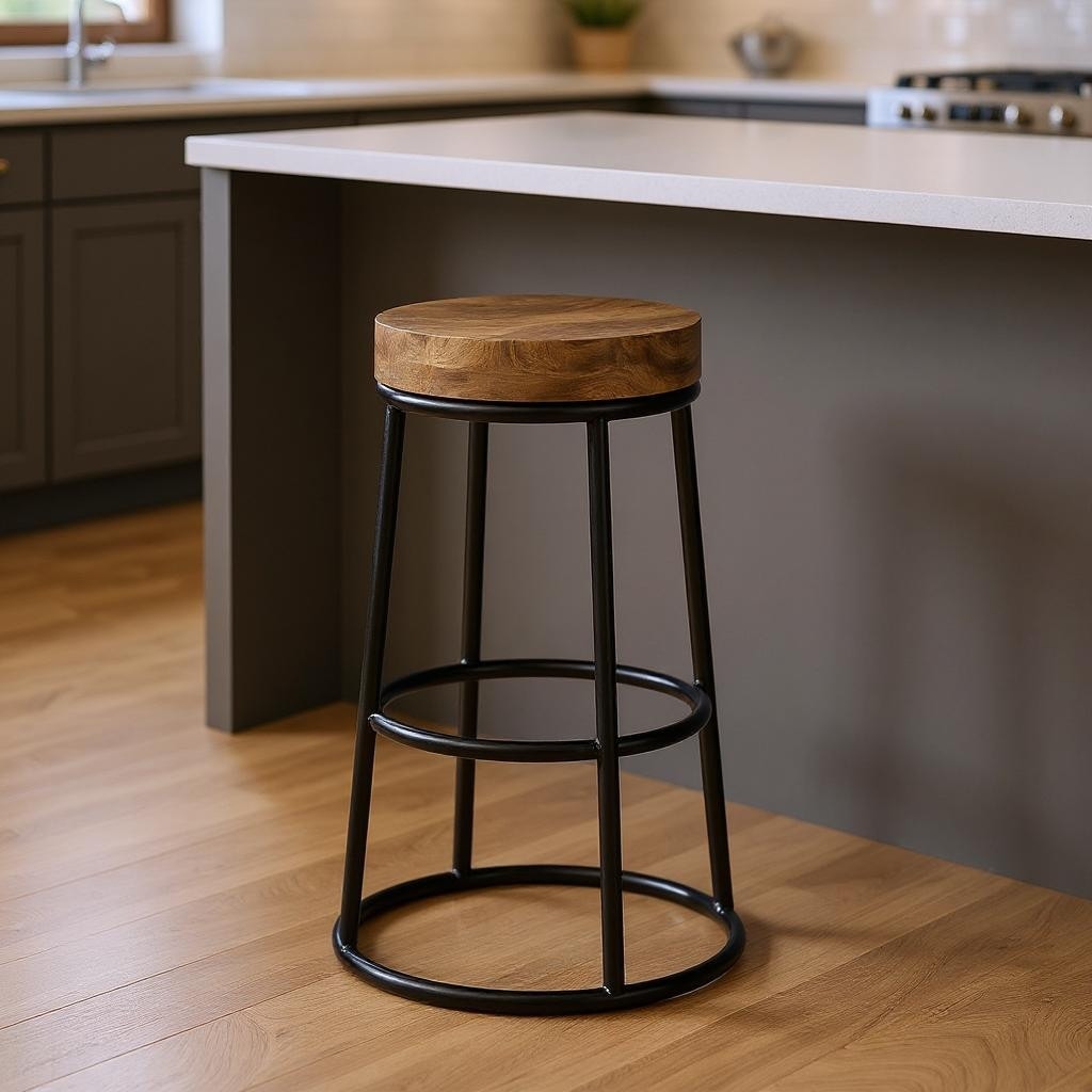 HomeRoots 26" Natural And Black Solid Wood And Iron Backless Counter Height Bar Chair