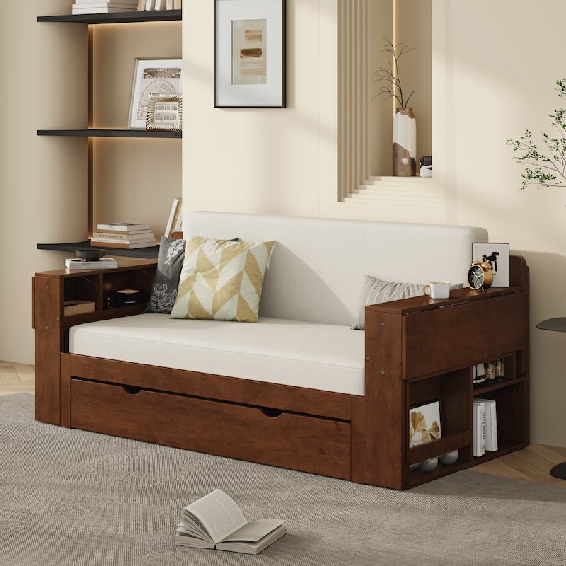 Full Size Daybed with Removable Desk, Storage Drawers & Hydraulic Side Table
