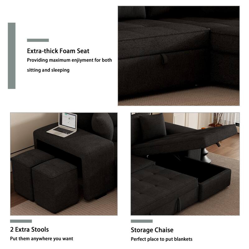 104.5" L-Shape 3 Seat Reversible Sectional Couch with Storage Chaise and 2 Stools, Modern Pull Out Sleeper Sofa with Pillow