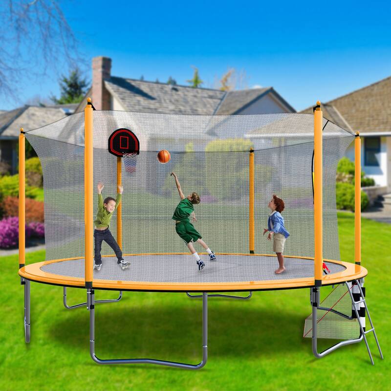 16FT Trampoline with Basketball Hoop, Pump, Ladder, Soccer Goal & Inner Safety Enclosure - Orange