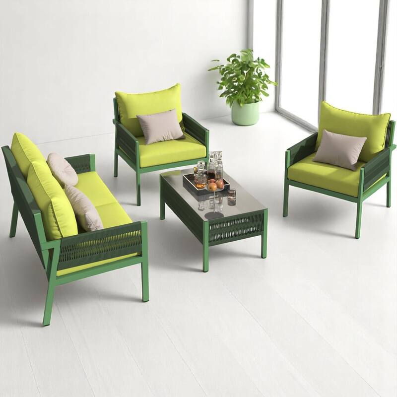 4-Piece Boho Patio Furniture Set with outdoor sofa Handmade Rope Weave,Tempered Glass Table, and Cushions-Patio Conversation Set - Green