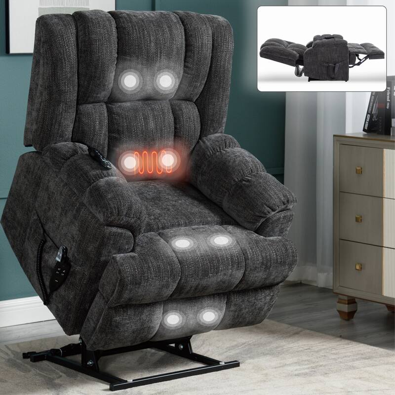 Roomfitters Dual Motor Power Lift Recliner Chair with Heat and Massage Infinite Position Heavy Duty Sofa for Seniors - Grey