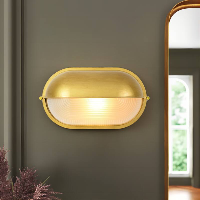 11"W 1-Light Retro 40W Oval Painted Gold Finish Wall Sconce with Clear Rippled Glass - 11.0 in. W x 6.3 in. H x 4.7 in. D