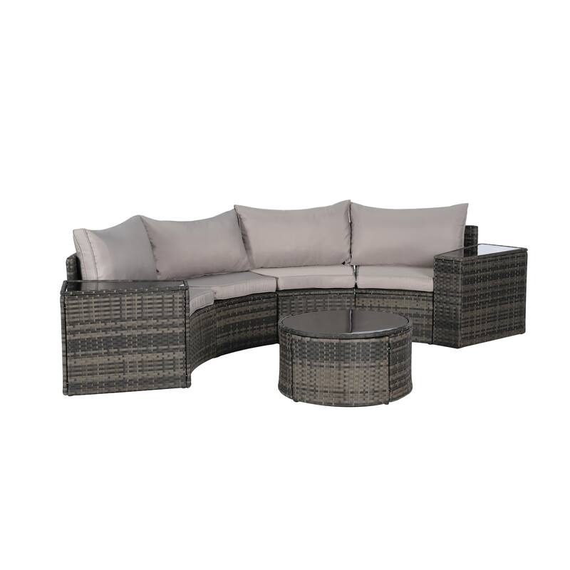 7-Piece Outdoor Patio Half-Moon Sectional Sofa Set with Tempered Glass Coffee Table