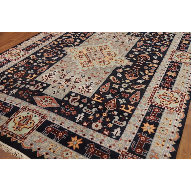 Hand Knotted Oriental 100% Wool Carpet Traditional Tribal Navy Blue & Blues Heriz (serapi) Area Rug - 9' 10'' X 8' 0''