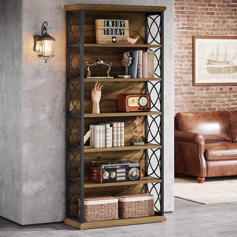 73'' Tall Wood Metal Bookcase Display Bookshelf with 6 Open Shelves - 31.5" L x 12.6" W x 72.83" H - Rustic Brown-1 Piece