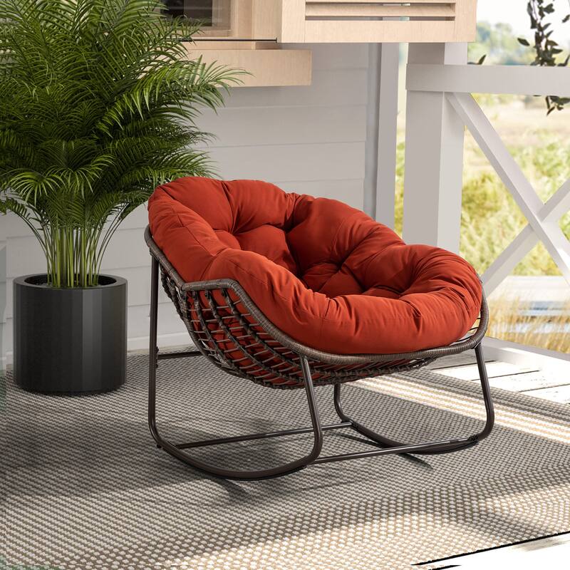 Outdoor rattan rocking chair, padded penguin rocking chair,lounge chair Outdoor for Front Porch,Living Room,Patio,Garden - Orange