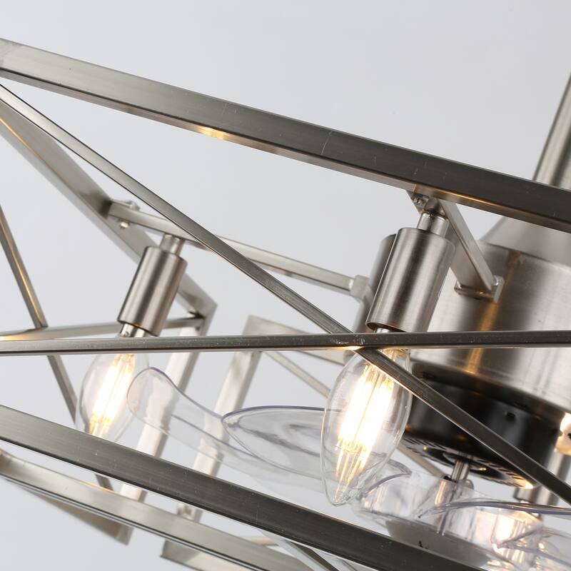 20" Cube Chrome Steel Caged Ceiling Fan with Lights, 4-bulb Modern Caged Pedant Lights Ceiling Fan, Fandelier Remote Control