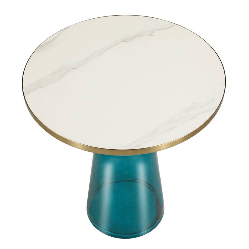 19-Inch Side Table Round Glass/Stone Tabletop End Table with Gold Iron Rim and Glass Base