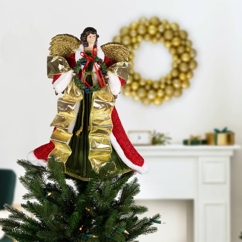 18" Red and Green Angel with Wreath Christmas Tree Topper, Unlit