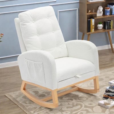 High-Back Rocking Chair with Footrest and Storage Pocket (Rubber Wood Base)